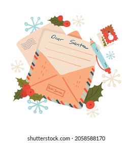 Christmas letter to Santa Claus in envelope. Festive xmas mail. Pencil and open post envelope on Xmas eve. Traditional mail to North Pole. Greeting card. Vector cartoon illustration isolated on white.