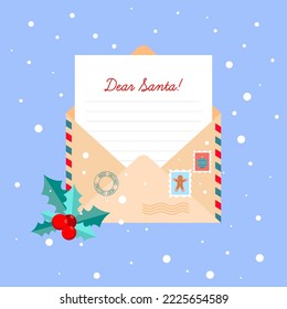 Christmas letter to Santa Claus in an envelope with stamps.Red inscription Dear Santa.Festive Christmas card,mail. Christmas decor and snow flakes.Vector flat illustration isolated on blue background.