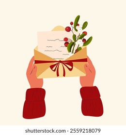 Christmas letter to Santa Claus. Hands holding a letter decorated with mistletoe. Letter with a wish, postal envelope. Christmas mail. Vector illustration.