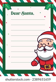 Christmas Letter to Santa Claus for Kids: Template on a Decorated Paper Sheet with Santa Illustration