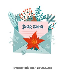 Christmas letter to Santa Claus in open envelope. Festive xmas mail decorated with forest branches. Greeting card with lettering Dear Santa. Vector flat cartoon illustration isolated on white.