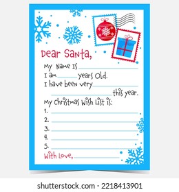 Christmas letter to Santa Claus pattern ready to print with winter holidays decorations, snowflakes, gift box and Christmas ball. Postcard to fill with a message and wish list and send it to Santa.