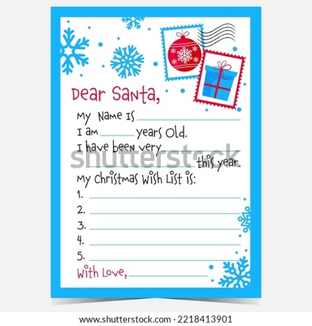 Christmas letter to Santa Claus pattern ready to print with winter holidays decorations, snowflakes, gift box and Christmas ball. Postcard to fill with a message and wish list and send it to Santa.