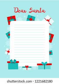 Christmas. Letter to Santa claus template, printable page with  gifts.