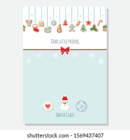 Christmas letter from Santa Claus template A4. Decorated with Gingerbread cookies garland and snowflakes. Vector
