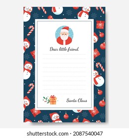 Christmas letter from Santa Claus template. Layout in A4 size. Pattern on blue background with traditional Christmas symbols and decorative elements