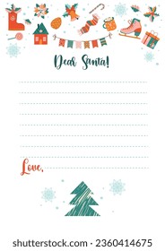 Christmas letter from Santa Claus template. Sheet of paper with hand-drawn Christmas decoration. Layout in A4 size. Vector illustration.