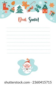 Christmas letter from Santa Claus template. Sheet of paper with hand-drawn Christmas decoration. Layout in A4 size. Vector illustration.