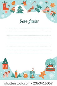 Christmas letter from Santa Claus template. Sheet of paper with hand-drawn Christmas decoration. Layout in A4 size. Vector illustration.