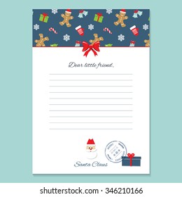 Christmas Letter From Santa Claus Template. Pattern With Gingerbread Men And Mittens Added In Swatches.