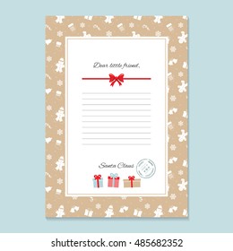 Christmas letter from Santa Claus template. layout in A4 size. Pattern with Gingerbread men and Mittens added in swatches.