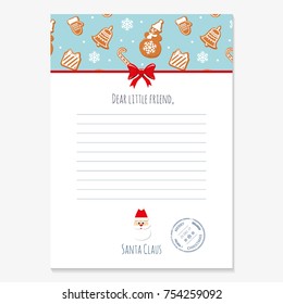 Christmas Letter From Santa Claus Template. Layout In A4 Size. Pattern With Gingerbread Cookies Added In Swatches.