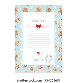 Christmas Letter From Santa Claus Template. Layout In A4 Size. Pattern With Gingerbread Cookies Added In Swatches.