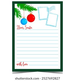 Christmas letter to Santa with colourful decorative balls and postage stamp. Blank template with empty lines to fill out with greeting message during winter holidays.