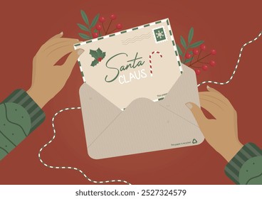 Christmas Letter to Santa. Hands Opening Santa Claus Letter Festive Illustration. Christmas correspondence concept. Recycled christmas envelope illustration