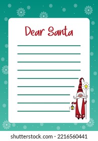 Christmas letter to Santa. Christmas layout with cute gnome for wish lists, greeting cards and invitations. Ornate postcard for winter holidays.Vector illustration.