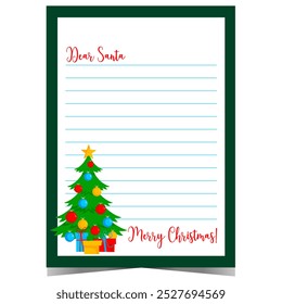 Christmas letter to Santa template with decorated Christmas tree and empty lines to fill out. Ready to print vector postcard for kids to fill out with wish list during winter holidays.