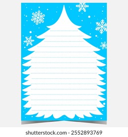 Christmas letter to Santa or wish list template with empty Ines on a Christmas tree background with snowflakes. Vector blank document to fill out by children during winter holidays.