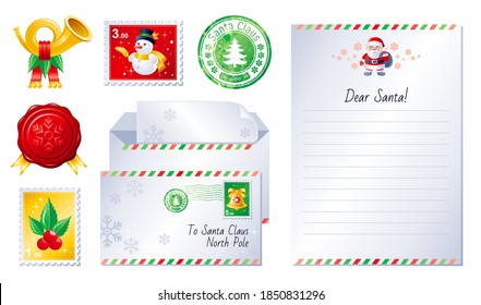 Christmas letter set. Santa wish list vector template, winter postcard, envelope, post horn, Gift paper, north pole stamp, Santa Claus card. Xmas mail background. Vintage holiday illustration. 