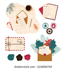 Christmas Letter Set. Vector illustration of writing a letter to Santa Claus. Vintage letter set in envelopes and with sealing wax, stamps and seals for Christmas banner, advertising or card design. 