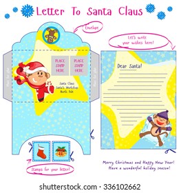 christmas letter, stamp, envelope to santa claus with cartoon monkey