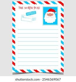 Christmas letter template with airmail border frame, empty lines to fill out and cute Santa character. Ready to print or for web postcard to complete by children to express wishes for presents.