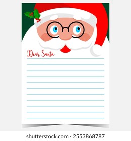 Christmas letter template with cute Santa character with his long beard and empty lines to fill out by kids with wish list or congratulation message during Christmas and New Year.