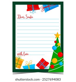 Christmas letter template with decorated Christmas tree and colourful gift boxes. Ready to print vector wish list with empty lines to fill out with greeting message and send to Santa Claus.