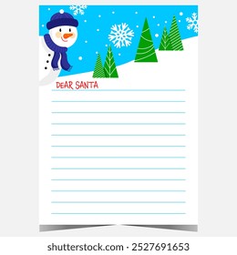 Christmas letter template with funny snowman character among fir trees and snowflakes. Ready to print blank wish list for children to fill out and send to Santa Claus during the holidays.