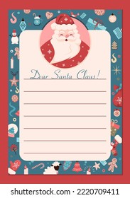Christmas letter template for Santa Claus with a festive character, Christmas toys, gifts and decorations. Design for vector illustrations.