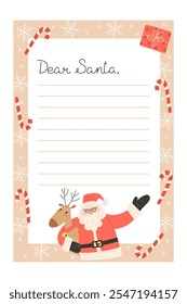 Christmas letter template with Santa Claus reindeer and candy cane