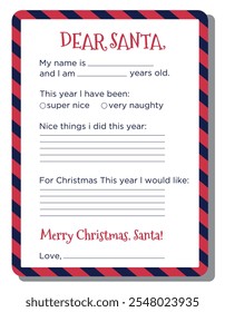 Christmas letter template to Santa Claus. Vector New Year illustration