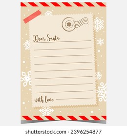 Christmas letter template to Santa with snowflakes in the background. Christmas wish list or postcard for kids to write a message of congratulation to Santa Claus and sent it to the North Pole.