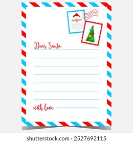 Plantilla de la carta de Navidad con las palabras Querida Santa. Listo para imprimir postal o lista de deseos con borde de correo aéreo y líneas vacías para llenar por los niños durante la celebración de las vacaciones de invierno.