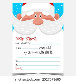 Christmas letter template with the words Dear Santa and funny Santa Claus character. Ready to print blank wish list for kids to fill out with greeting message during winter holidays.