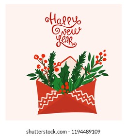 Christmas letter with a winter bouquet inside. Christmas envelope. Hand drawn style. Vector illustration. Merry Christmas. Lettering Happy New Year.
