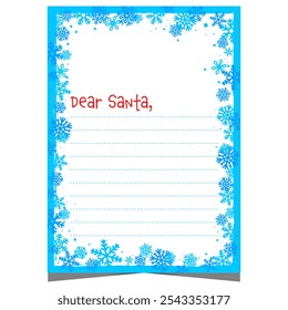 Christmas letter or wish list blank template to complete by kids and send it to Santa Claus during winter holidays. Ready for print or for web document with empty lines and snowflakes decoration.