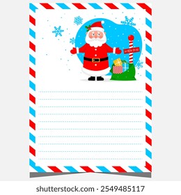 Christmas letter or wish list blank template with empty lines to fill out by children. Vector holiday postcard with snowflakes, airmail border frame, funny Santa character with gift bag.