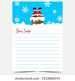 Christmas letter or wish list template with cute Santa character stuck upside down in the snow. Blank document with empty lines to fill out by kids during winter holidays.