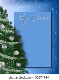 Christmas Letterhead Background With Evergreen Christmas Tree With Balls And Star On Top On Blue Background And Space For Text On Card. Fully Editable Vector.