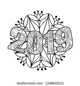 Christmas lettering 2019 in adult coloring book zentangle style with mandala flower on the background.