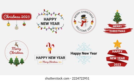 Christmas lettering badge collection, cute design vector. Merry Christmas and Happy New Year titles with ornaments, tree, snow man, deer, candy, snow flake, star, bell.
