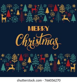 Christmas lettering and calligraphy design. The pattern with the image of fir-trees, trees, reindeer, stars, bushes. Unique hand drawn design for greeting card made in vector