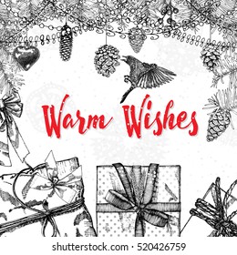Christmas lettering and calligraphy design. Warm Wishes handwritten phrase in Xmas frame. Modern holiday hand writing font. Hand drawn holiday design elements for greeting card. Vector. 