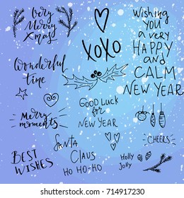 Christmas lettering collection. Unique hand drawn phrases for Christmas and New Year invitations and greeting cards with bright colorful backdrop 