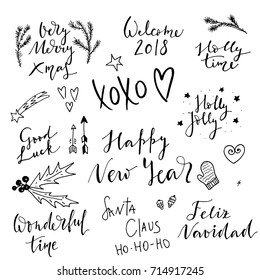 Christmas lettering collection. Unique hand drawn phrases for Christmas and New Year invitations and greeting cards with bright colorful backdrop 