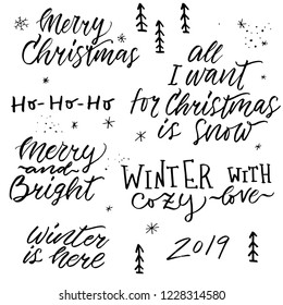 Christmas lettering collection. Unique handdrawn set of phrases for Christmas and New Year invitations and greeting cards, souvenirs, clothes, poster, banner or web design