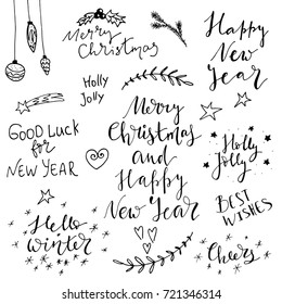 Christmas lettering collection. Unique hand-drawn phrases for Christmas and New Year invitations and greeting cards