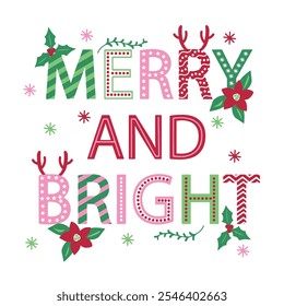 Christmas lettering and decoratios for modern  red, pink, green Christmas wording on white background card, gift bag or box design, used for textile also, cushion and runner, kitchen towel.