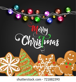 Christmas lettering design with cookies. Typographical background.
